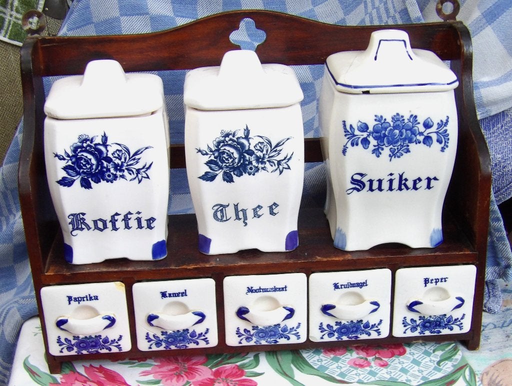 oud keukenrek/ kruidenrek met porseleinen potjes, Antiek en Kunst, Ophalen of Verzenden