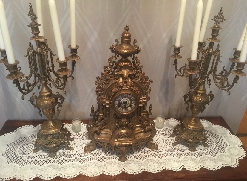 Antieke Klok en Kandelaars Set - Koper/Brons, Ophalen, Koper of Brons
