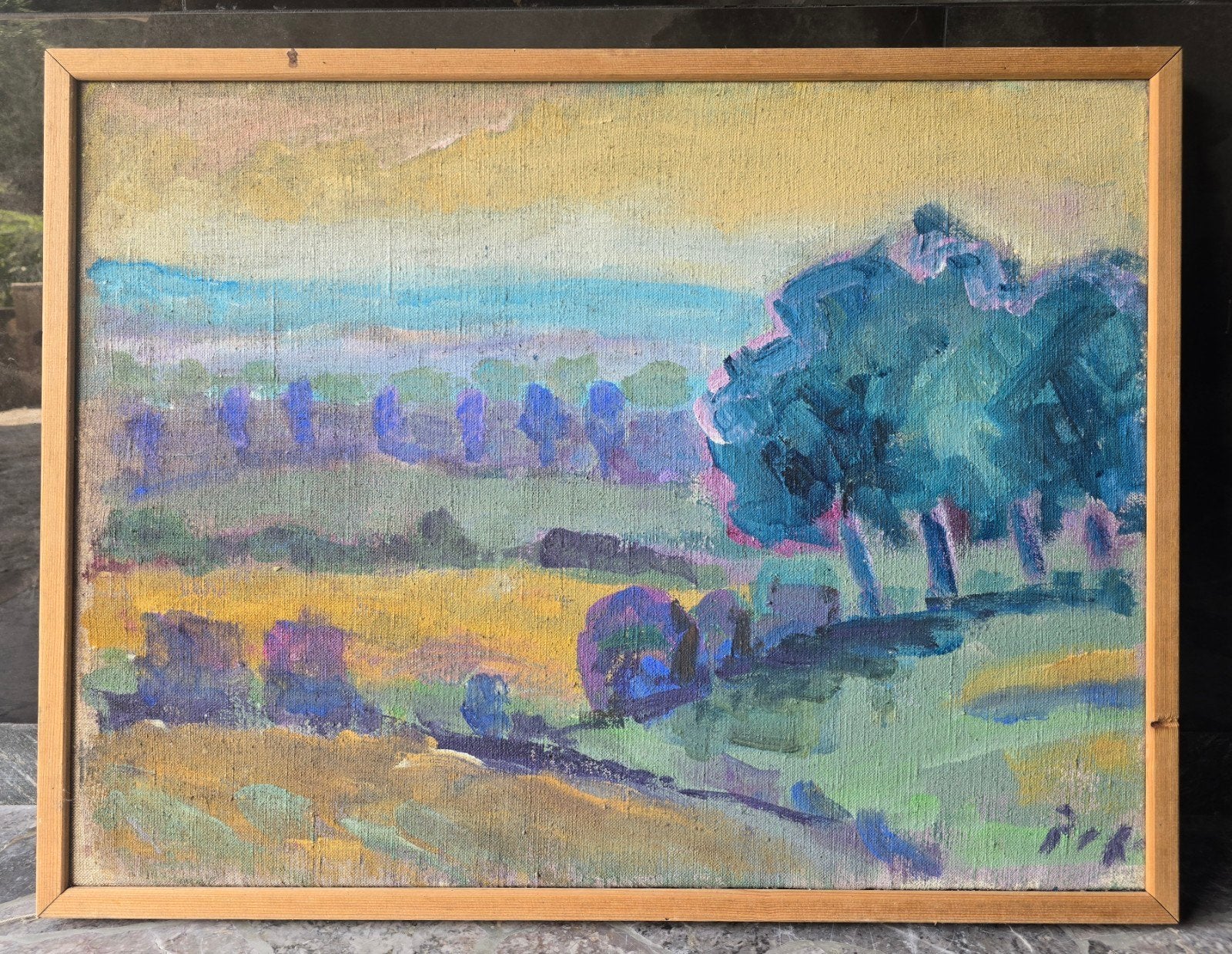 P.C. Kuiper groot gesigneerd landschap 85x65 cm in lijst, Ophalen of Verzenden