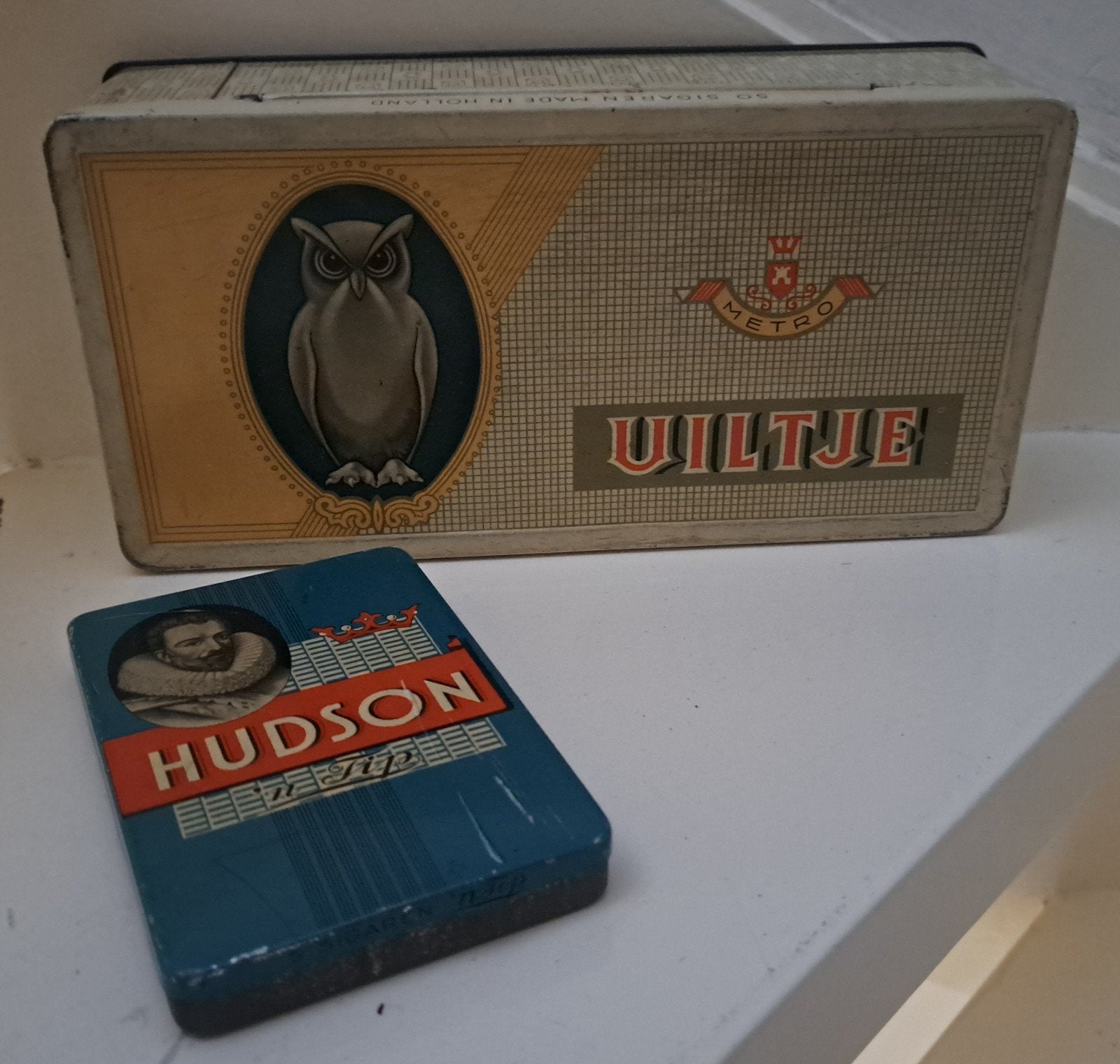 Twee vintage sigarenblikken: Uiltje en Hudson (jaren '60), Verzamelen, Blikken, Gebruikt, Overige, Overige merken, Ophalen of Verzenden