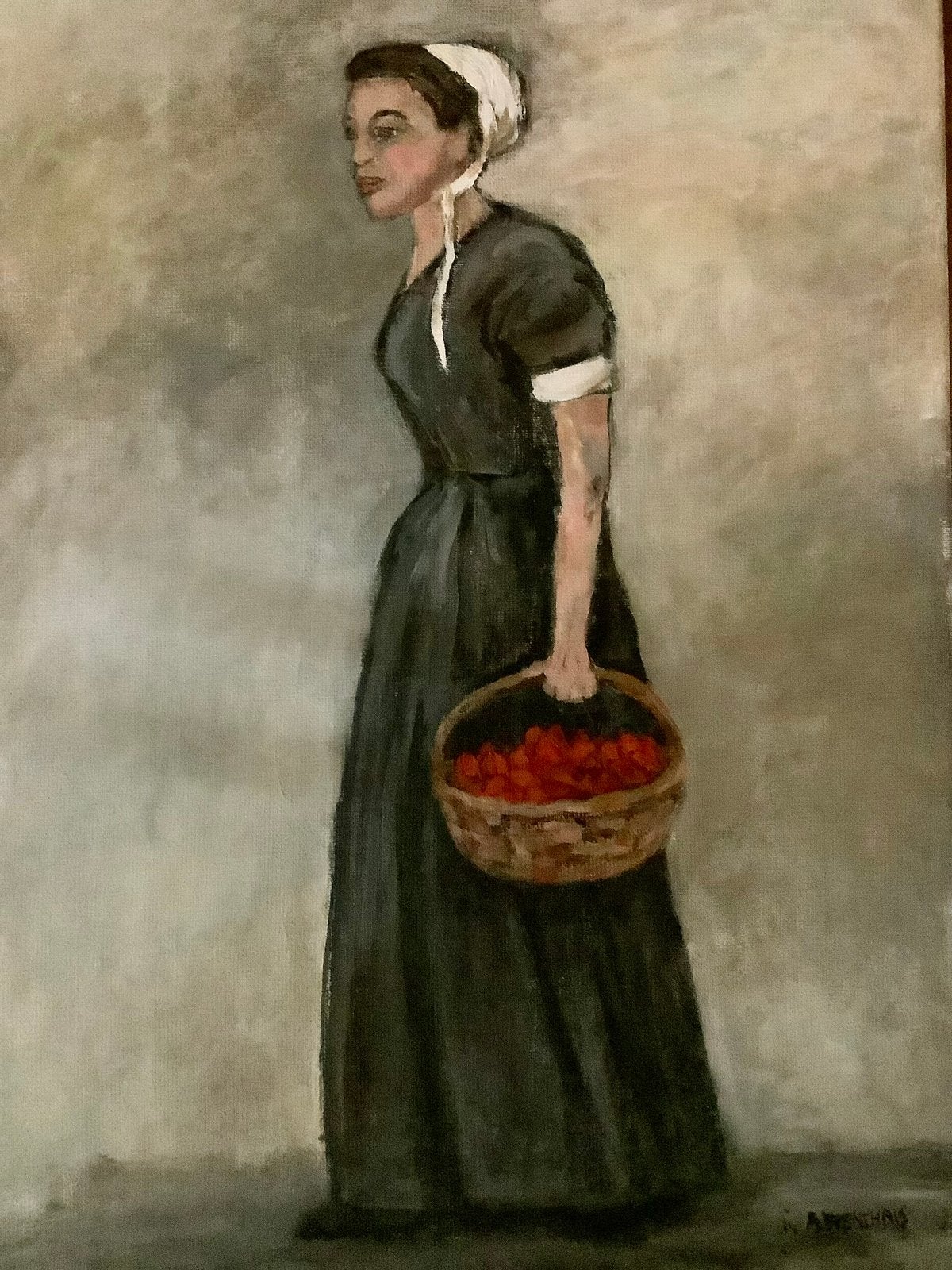 Meisje met mand aardbeien, op doek, gesigneerd , 40/50 cm, Ophalen of Verzenden