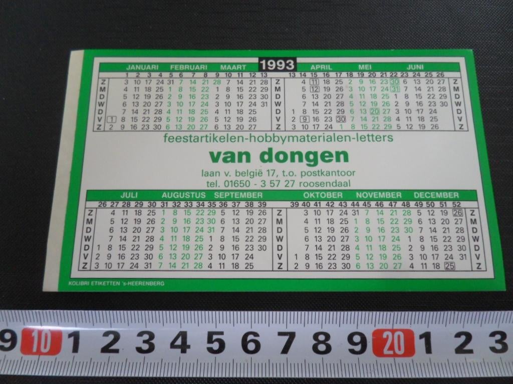 sticker Kalender 1993 Roosendaal VAN DONGEN Feestartikelen, Ophalen, Zo goed als nieuw