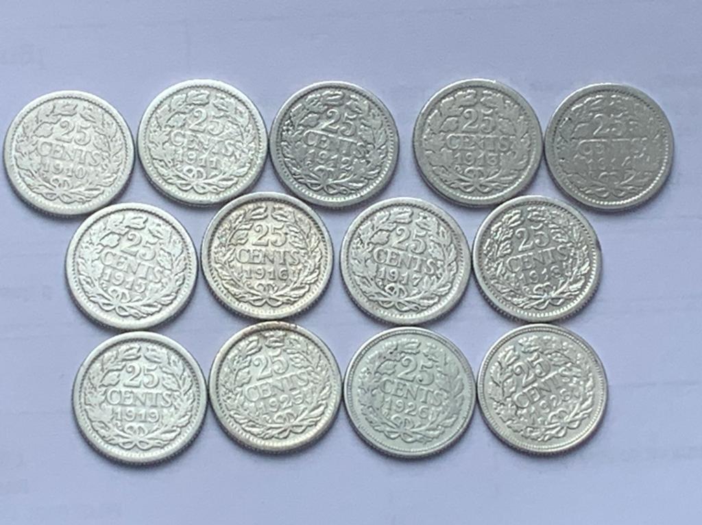 Complete serie mooi 13x zilver kwartjes wilhelmina 1910-1928, Ophalen of Verzenden, Koningin Wilhelmina, 25 cent