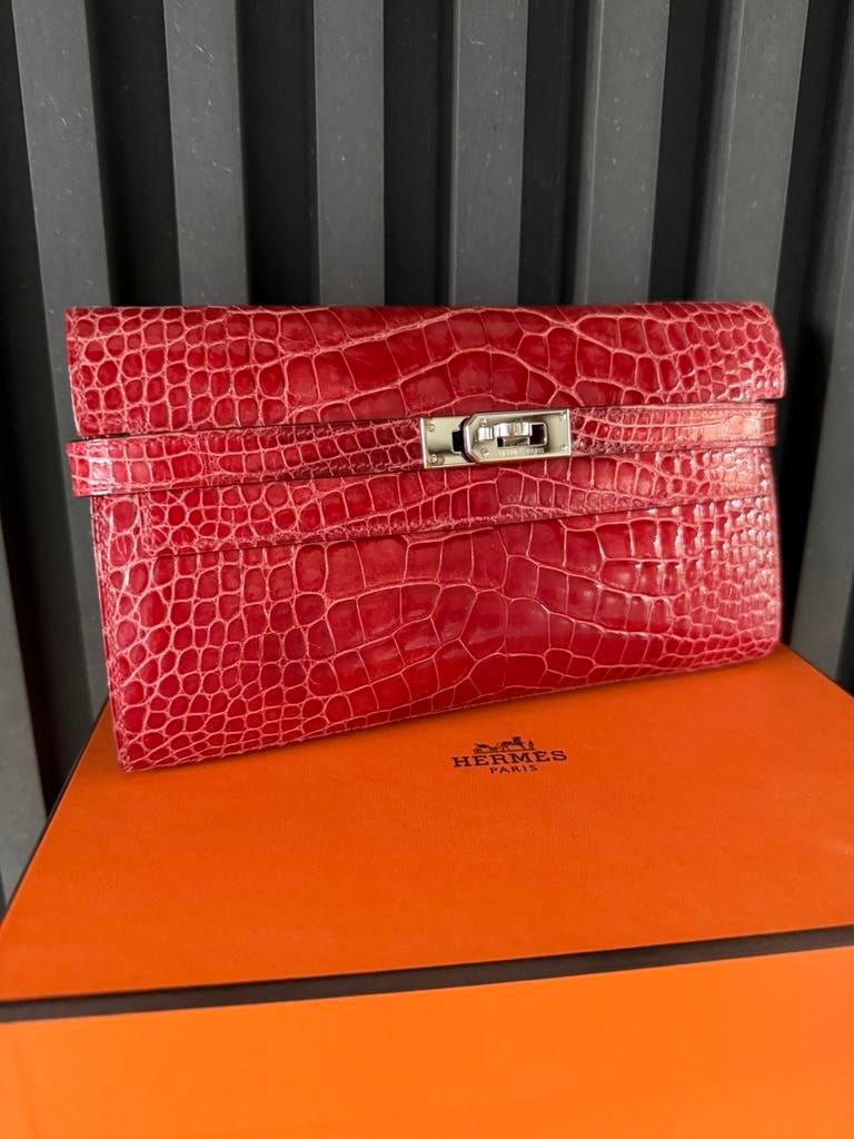 HERMES Kelly Longue Wallet Bougainvillier Alligator, Overige merken, Gebruikt, Ophalen of Verzenden, Roze