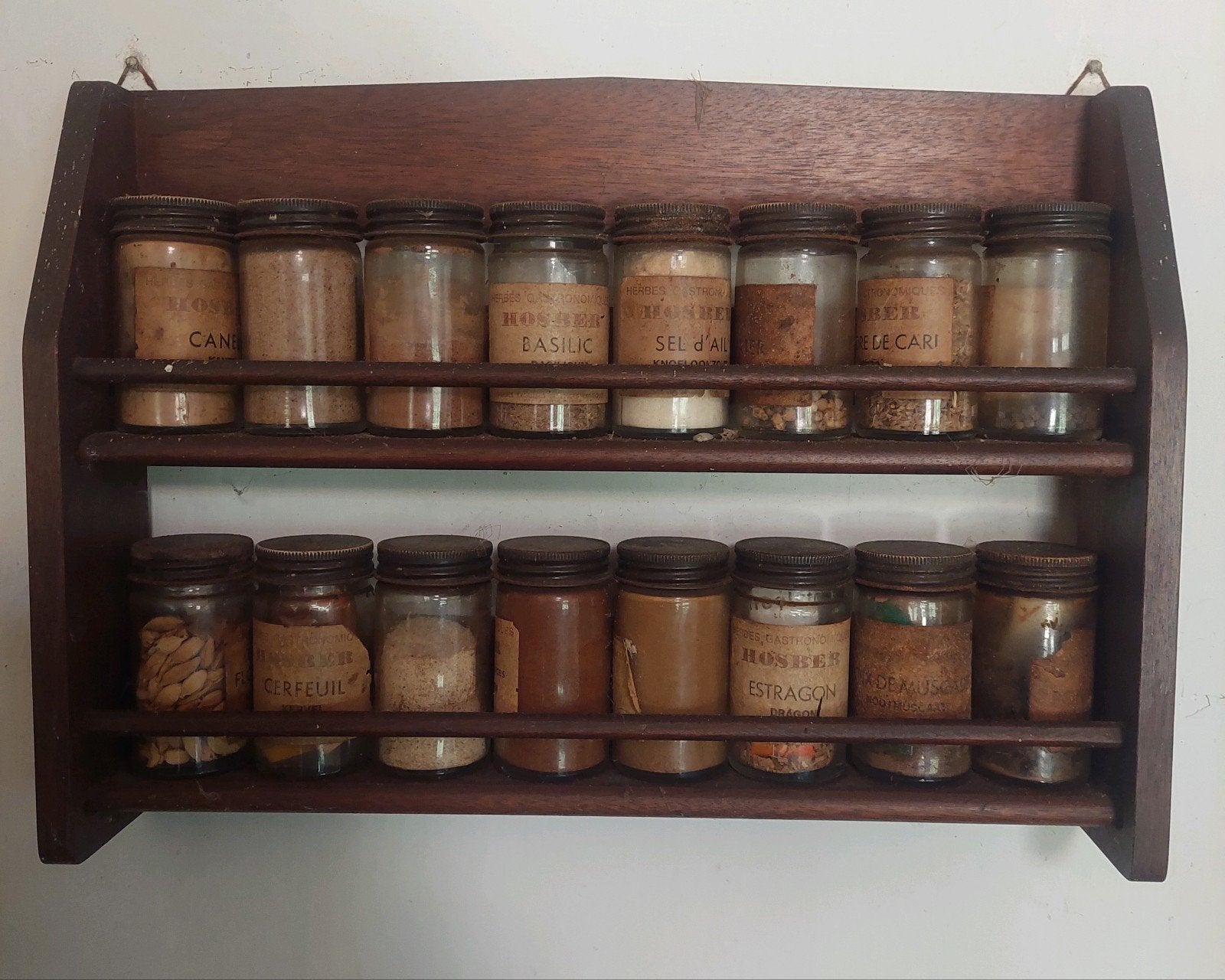 Vintage kruidenrek met 12 glazen potjes, Antiek en Kunst, Ophalen of Verzenden