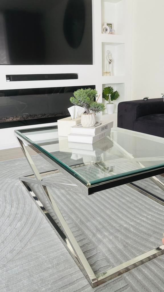 Glazen Salontafel Rechthoek RVS Zilver, Ophalen, 100 tot 150 cm, 50 tot 100 cm, Minder dan 50 cm