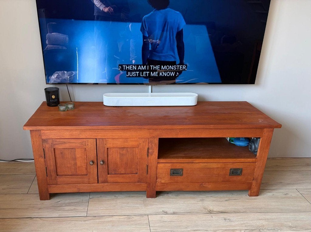 Houten tv-meubel met twee deurtjes en een lade, Ophalen, 25 tot 50 cm, 100 tot 150 cm, Minder dan 100 cm