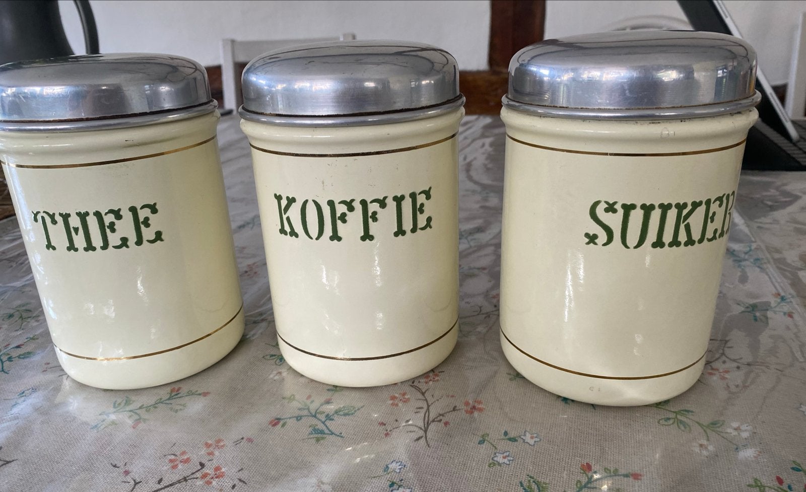 Vintage emaille voorraadpotten: Thee, Koffie, Suiker, Antiek en Kunst, Ophalen of Verzenden