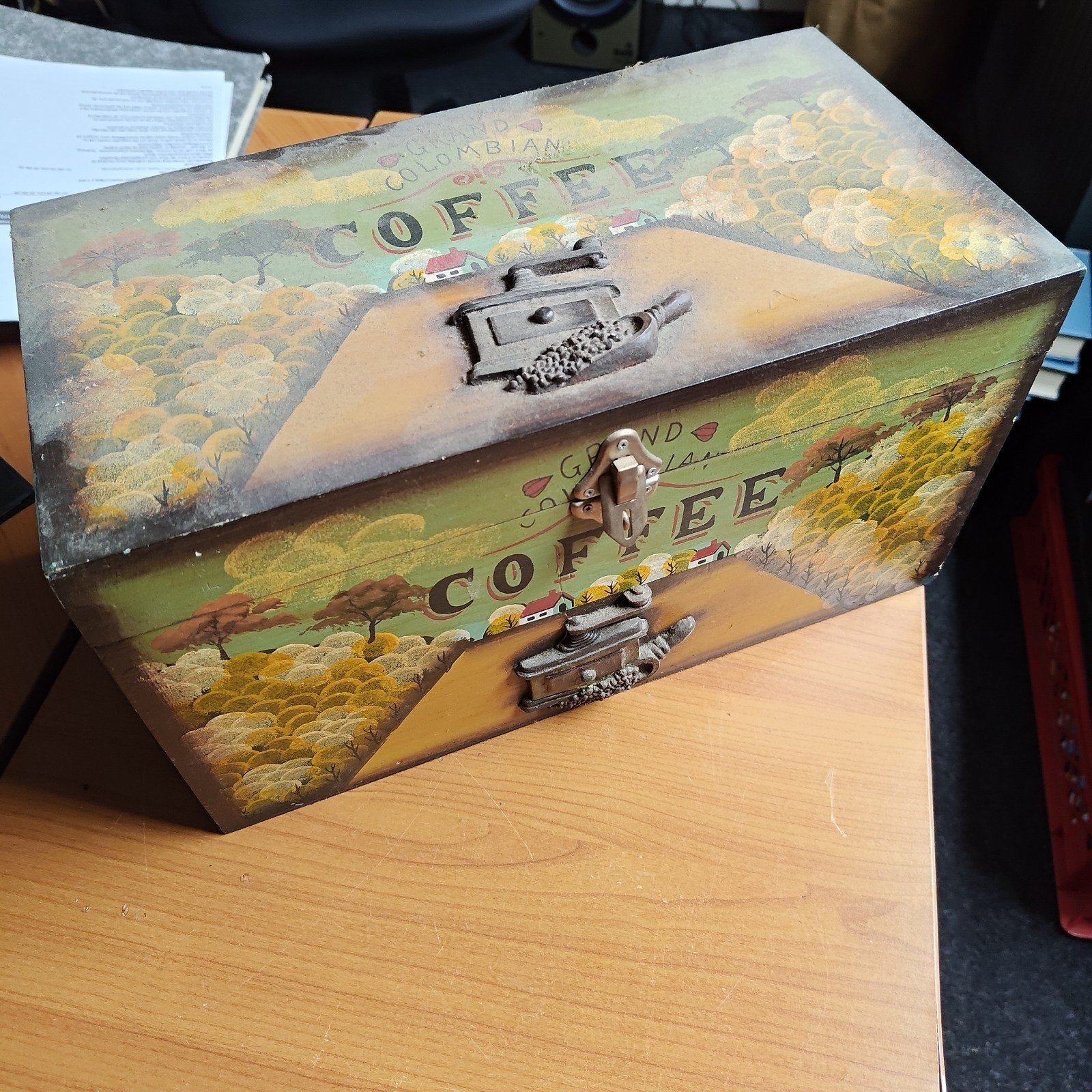 Vintage Houten Koffie Opbergdoos  'Grand Colombian Coffee', Antiek en Kunst, Ophalen of Verzenden