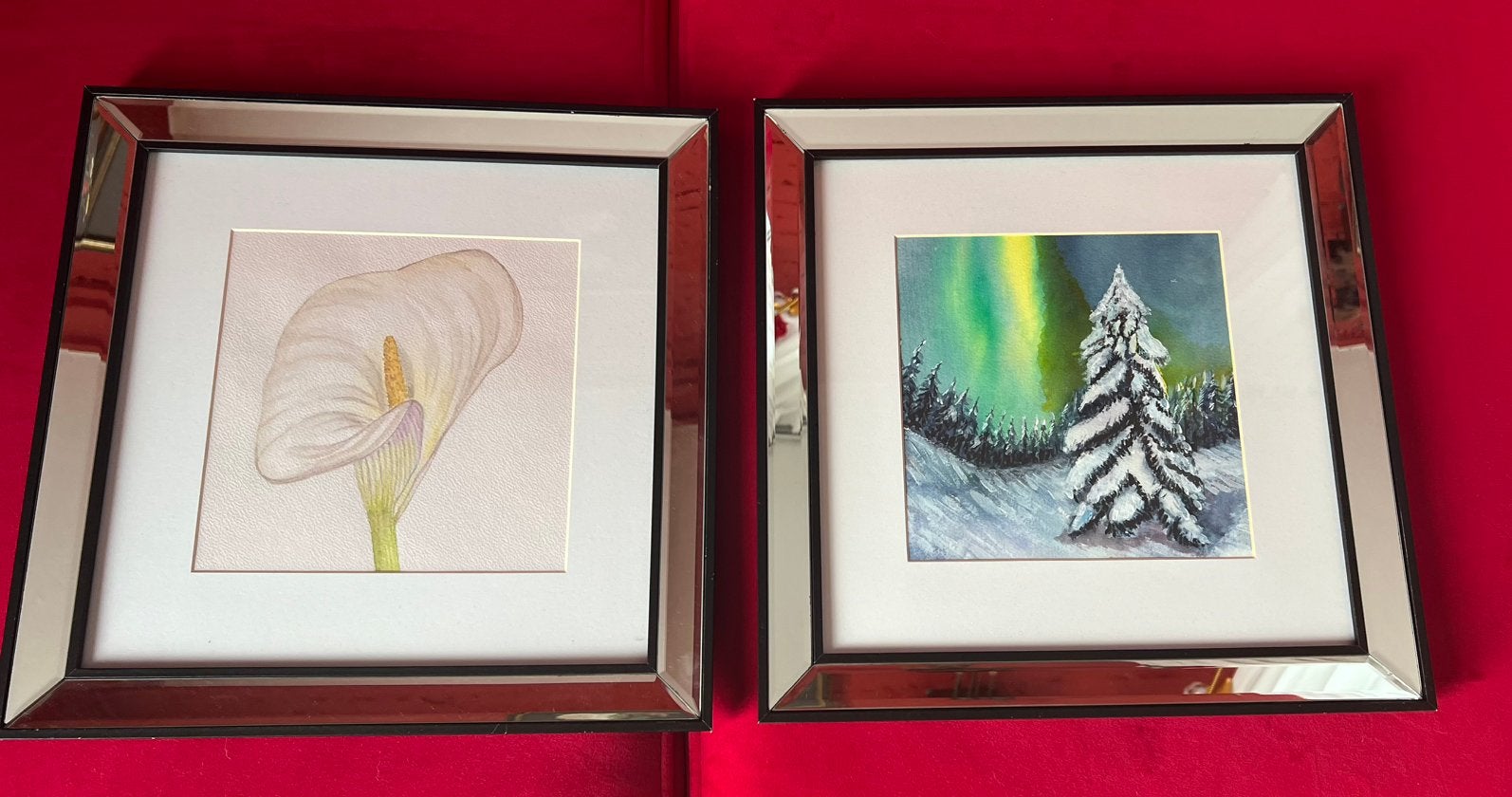 Twee aquarellen in spiegelende lijsten. 36х36 en 18x18 cm, Ophalen of Verzenden, Minder dan 50 cm, Schilderij