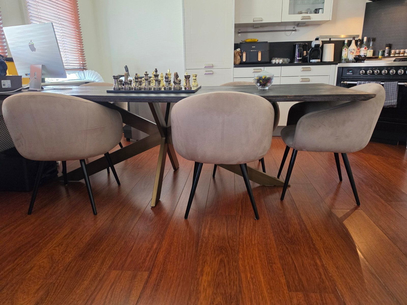 Beige 5 stuks eetkamerstoelen velvet richmond style, Huis en Inrichting, Stoelen, Overige kleuren, Richmond, Ophalen of Verzenden