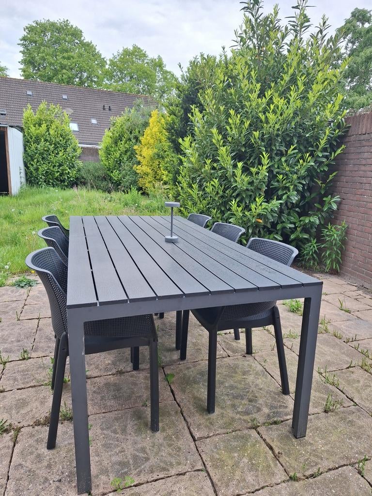 Antraciet tuinset met tafel (205x100) en stoelen, Tuin en Terras, Ophalen, Overige materialen, Gebruikt, 6 zitplaatsen
