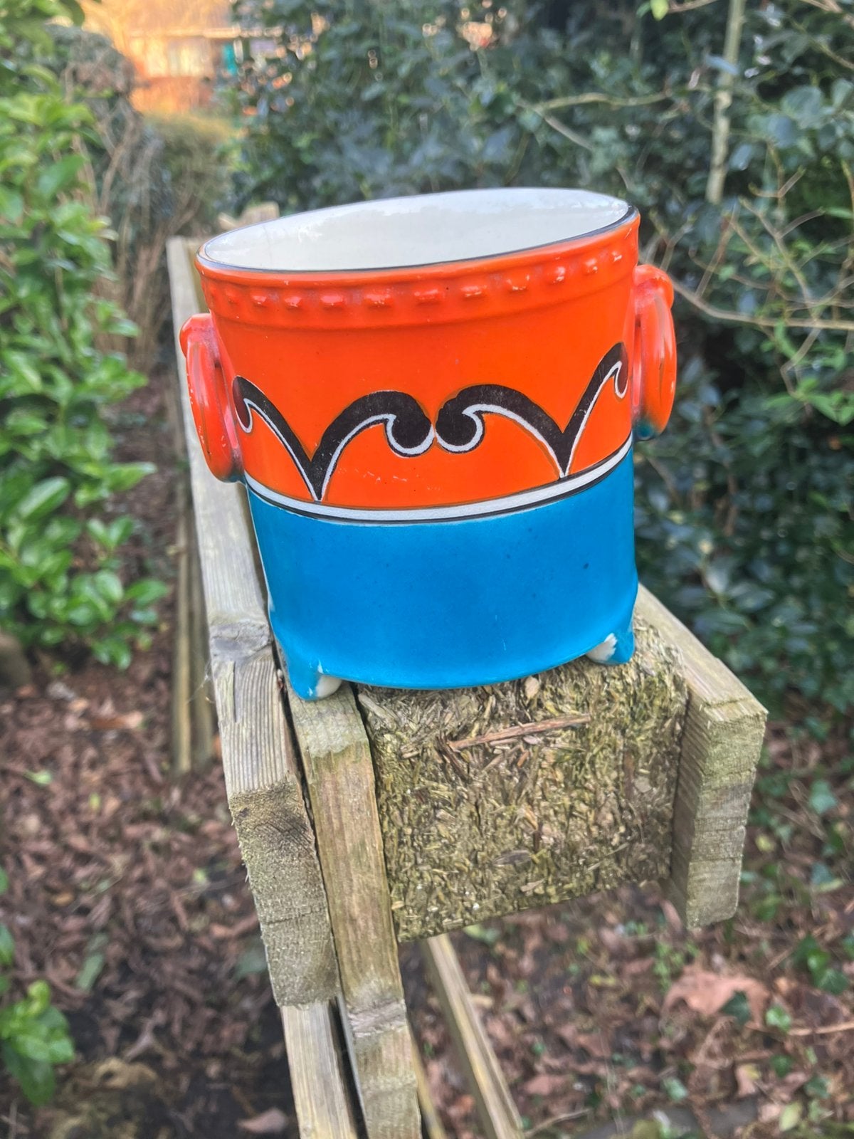 Vintage jaren ‘60 bloempotje blauw /oranje, Tuin en Terras, Ophalen of Verzenden, Zo goed als nieuw