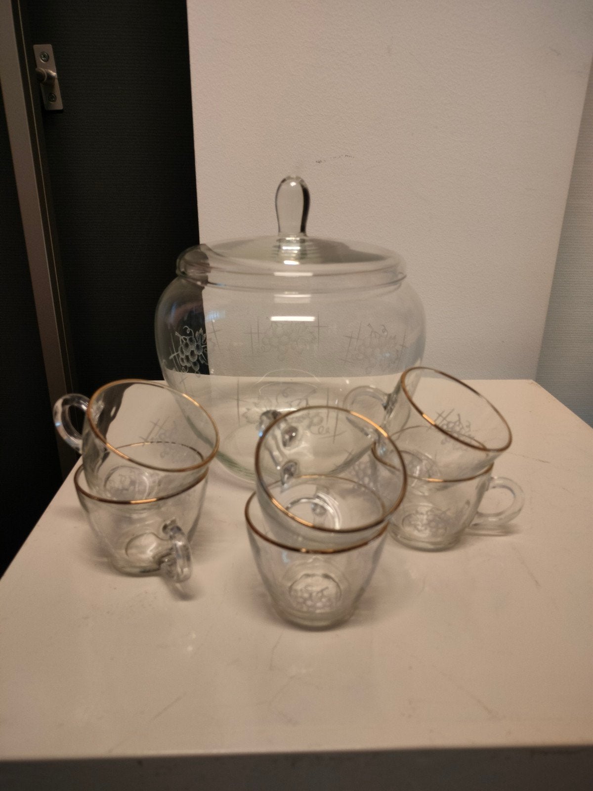 Glazen bowl set met 6 kommen en deksel, Ophalen, Zo goed als nieuw, Glas, Kom(men)