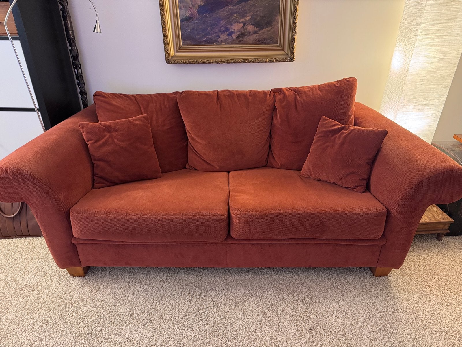 Comfortabele 2-zitsbank in terracotta stof rood bruin, Huis en Inrichting, Banken | Bankstellen, Gebruikt, 150 tot 200 cm, Tweepersoons