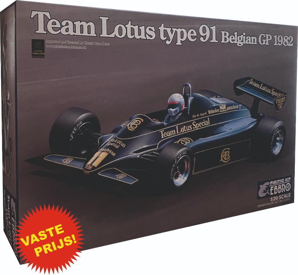 Team Lotus type 91 Belgian GP 1982 (Ebbro 20019) 1/20, Hobby en Vrije tijd, Modelbouw | Auto's en Voertuigen, Overige merken, Auto