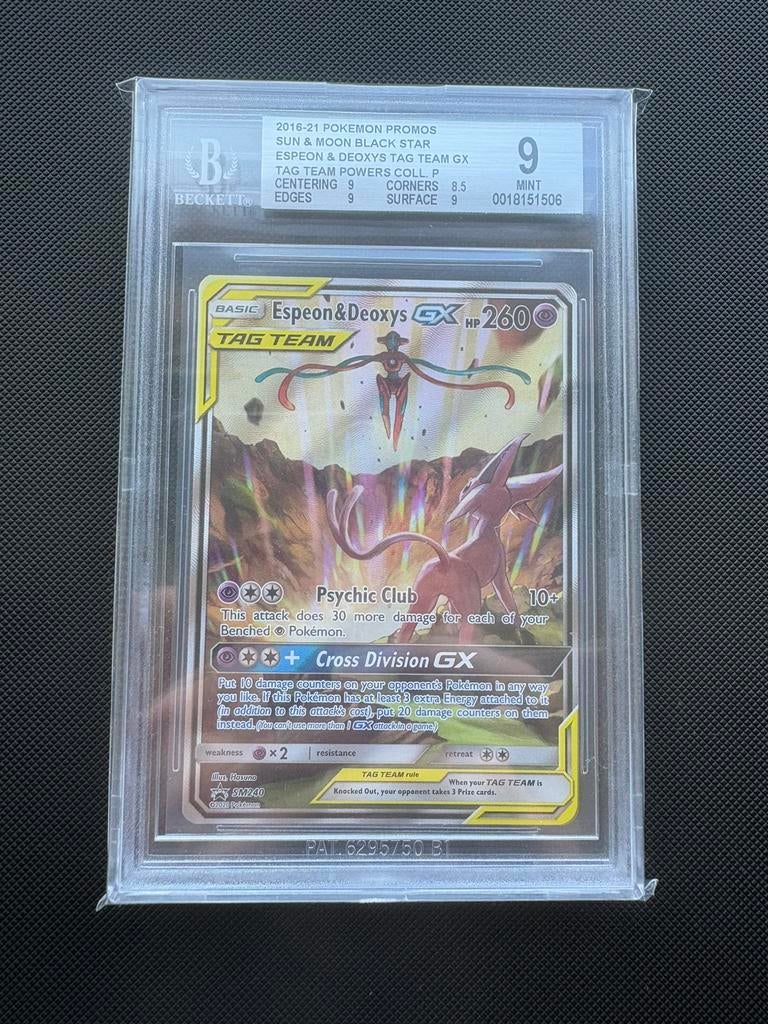 Espeon & Deoxys GX Tag Team SM240 Black Star Promo BGS 9, Ophalen of Verzenden, Nieuw, Losse kaart
