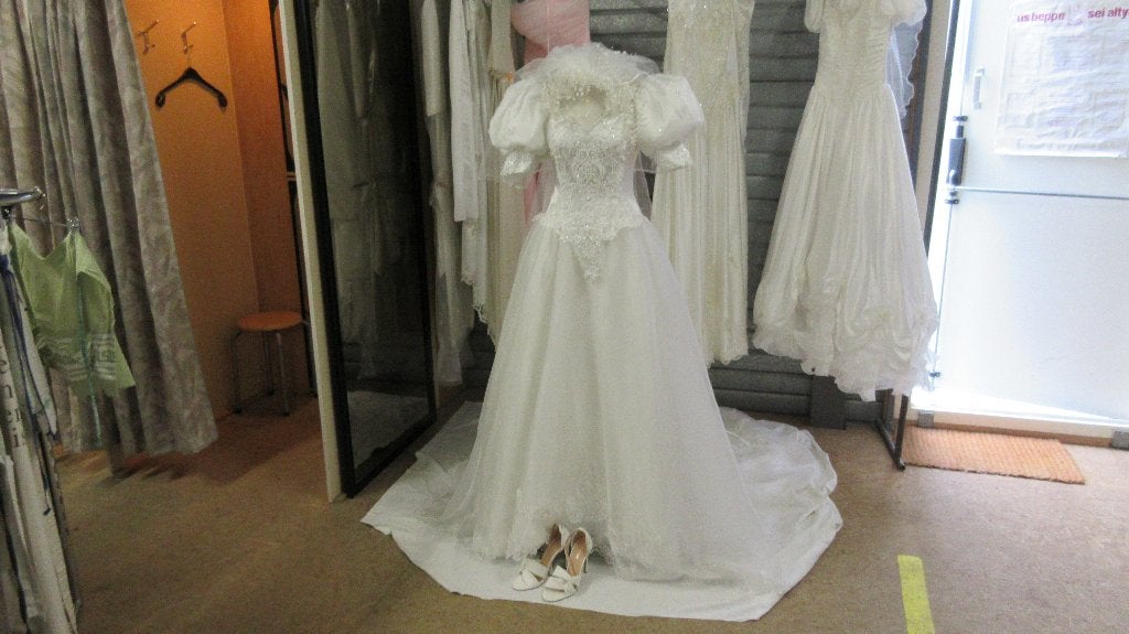 Vintage Trouwjurk met Pofmouwen en Kant, Ophalen, Trouwjurk, Wit, Onbekend