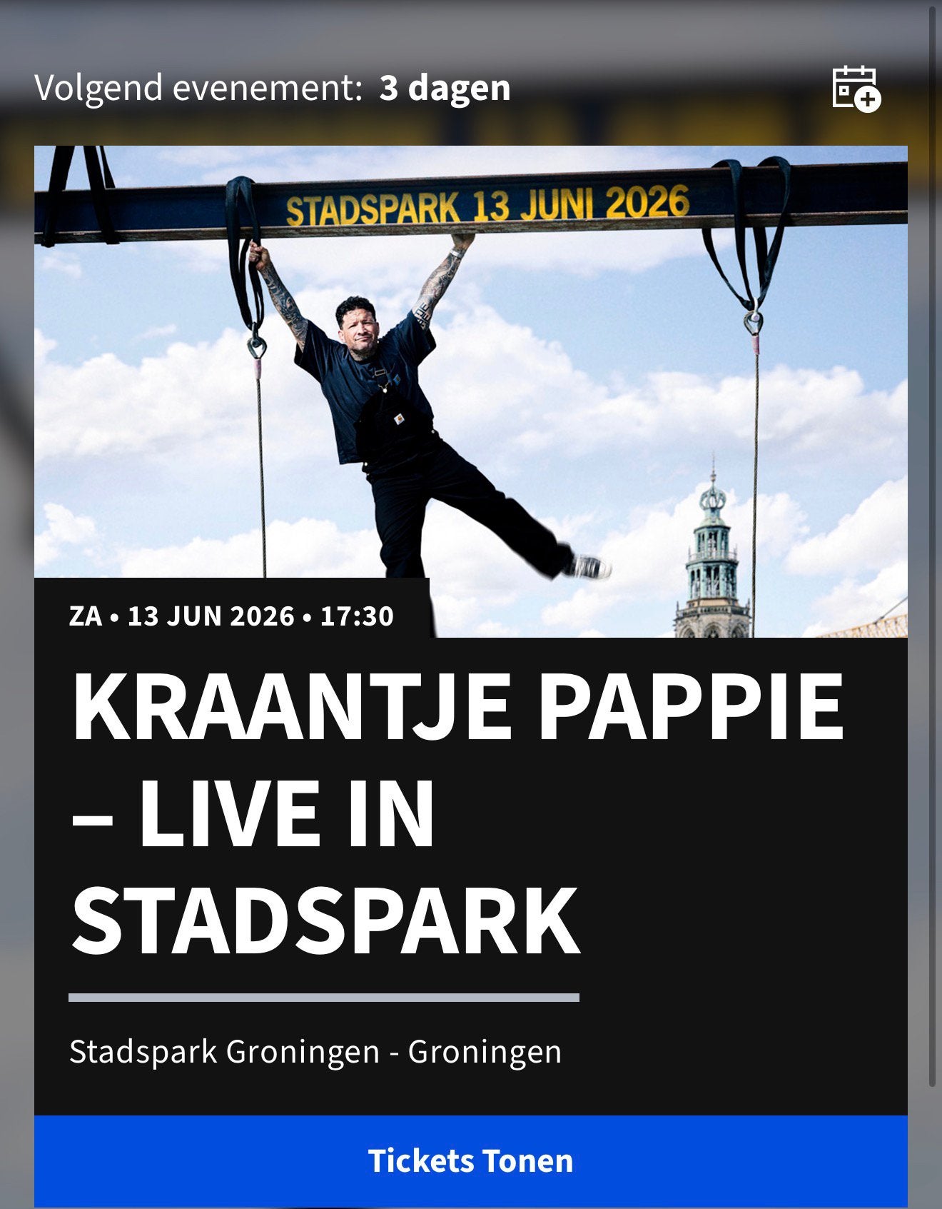 Twee kaarten Kraantje Pappie Live in Stadspark, Ophalen of Verzenden, Zo goed als nieuw, Management