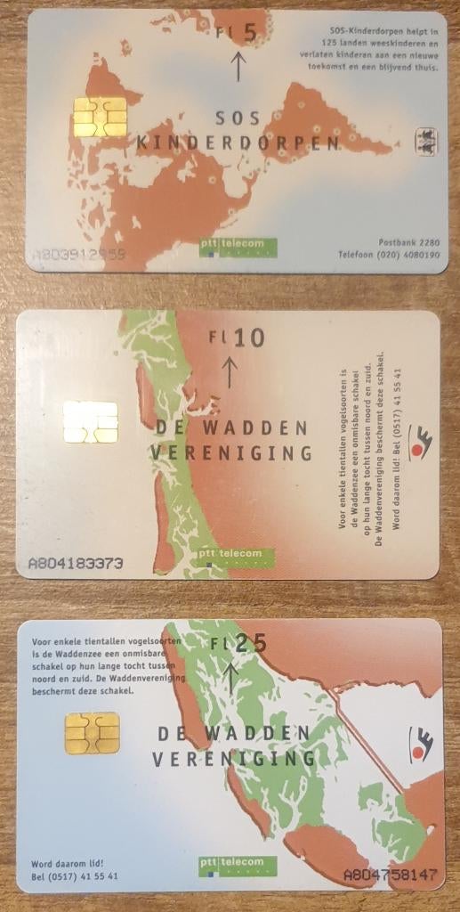 3 telefoonkaarten Waddenvereniging en SOS Kinderdorpen, gebr, Ophalen of Verzenden, Nederland