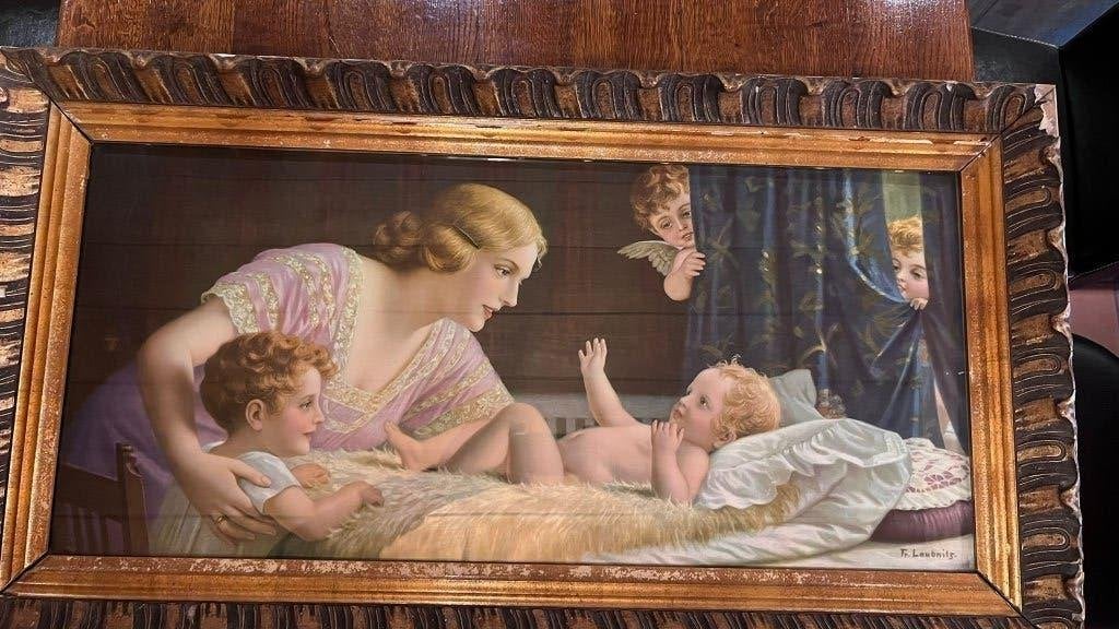 Antiek schilderij "Moeder met kinderen" gesigneerd T. Lambiń, Antiek en Kunst, Ophalen, Portret of Personen