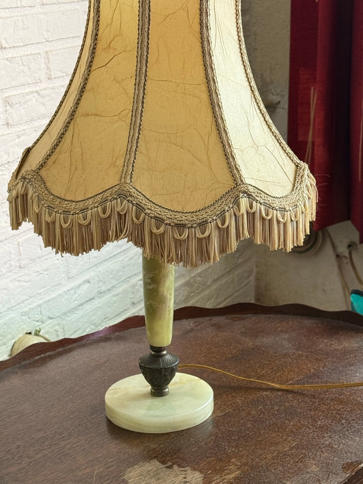 Vintage Tafellamp met Onyx Voet en Franjes Kap, Ophalen