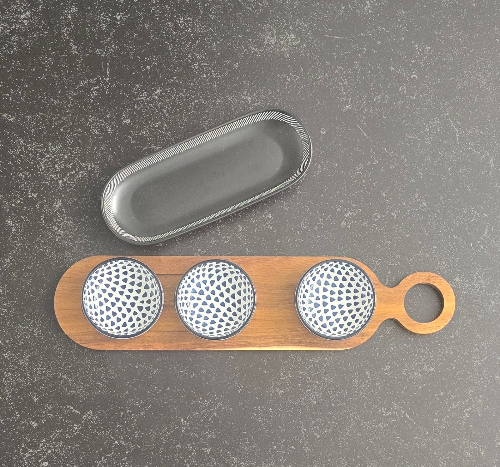 Tapas/Borrelplank met schaaltjes - Hout, Zwart, Wit, Blauw, Hout, Snij-/serveerplank, Ophalen of Verzenden, Zo goed als nieuw