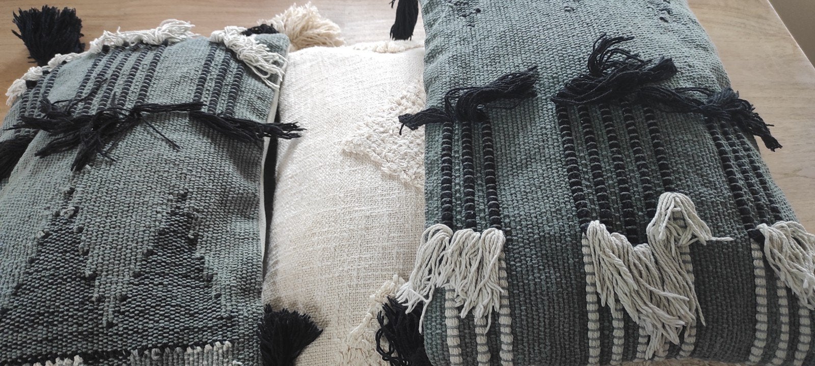 Set van 3 Bohemian stijl Sierkussens met kwastjes, Huis en Inrichting, Woonaccessoires | Kussens, Beige, Afneembare hoes, Ophalen of Verzenden