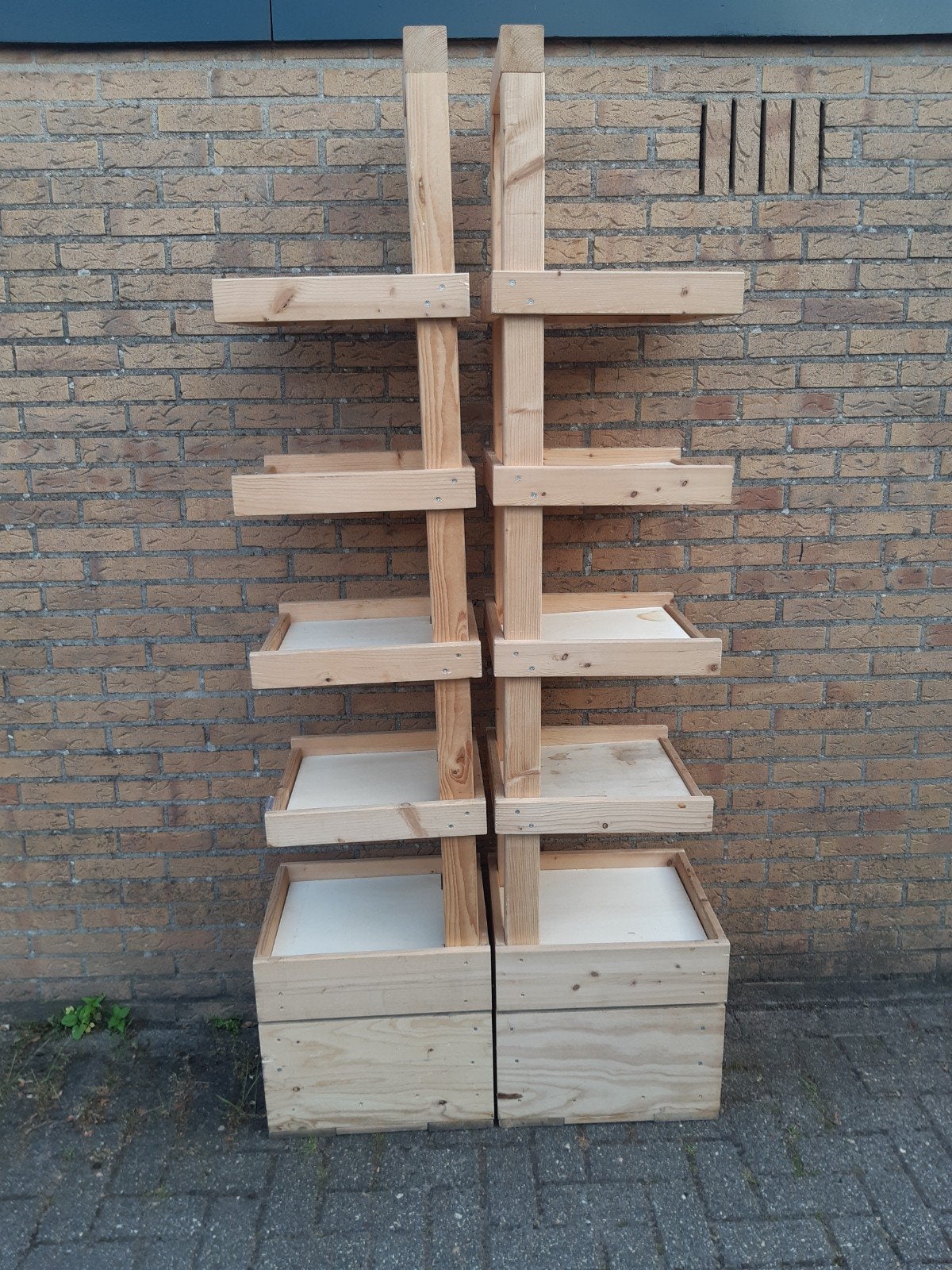 Display stelling vijf vakken 2 stuks, Ophalen, Overige houtsoorten, Minder dan 200 cm