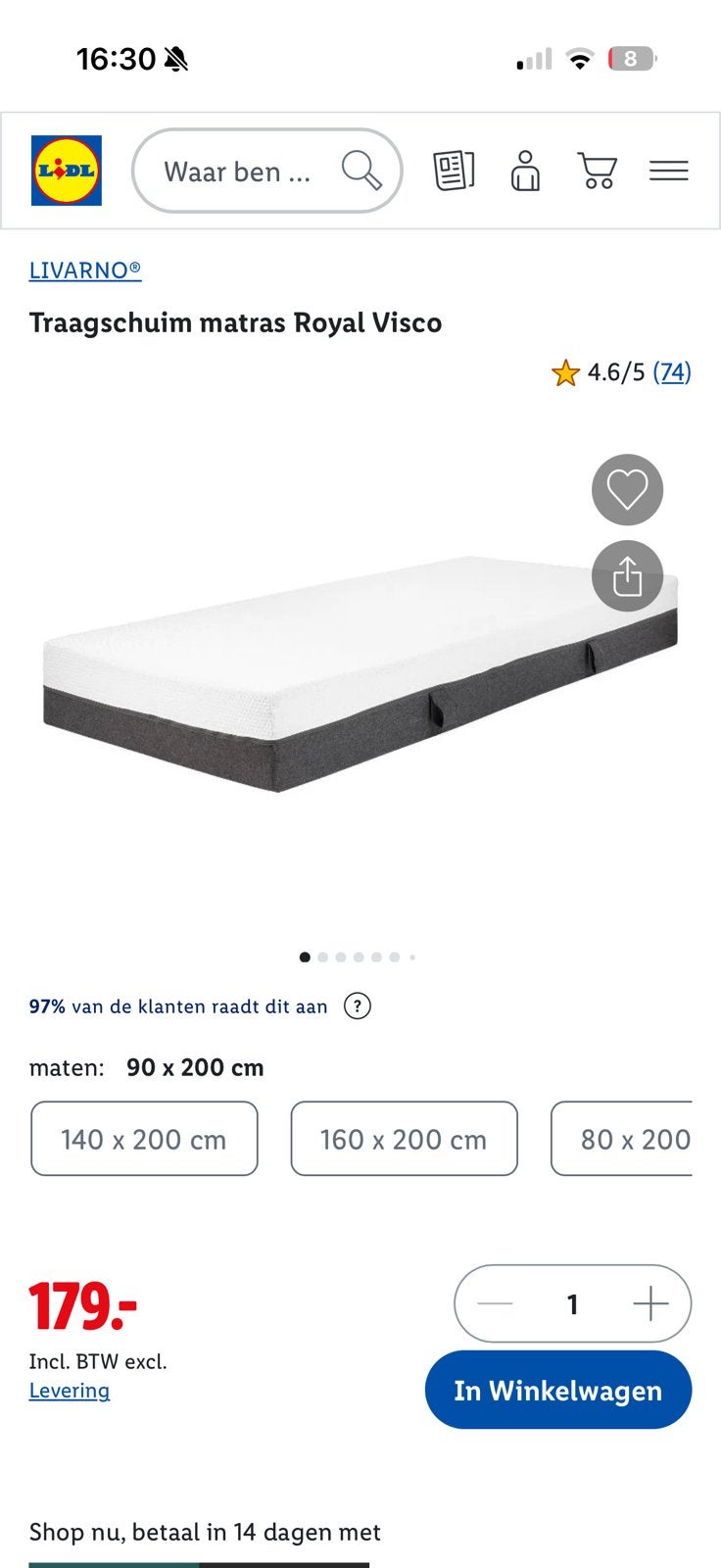 Livarno Traagschuimmatras 90x200 Royal Visco, Ophalen, Nieuw, Eenpersoons, 90 cm