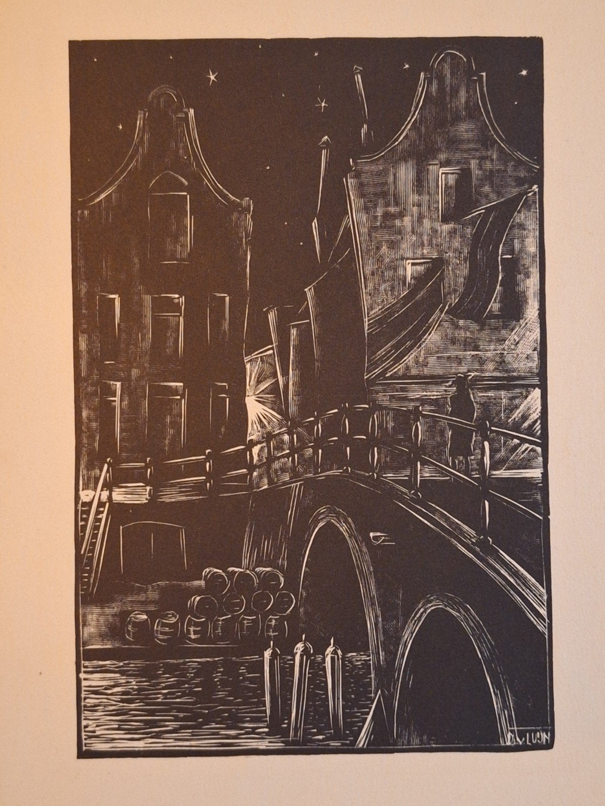 Houtsnede 'Nacht' door Dick van Luijn, 1950 - 1999, Stadsgezicht, Ophalen of Verzenden, Gesigneerd