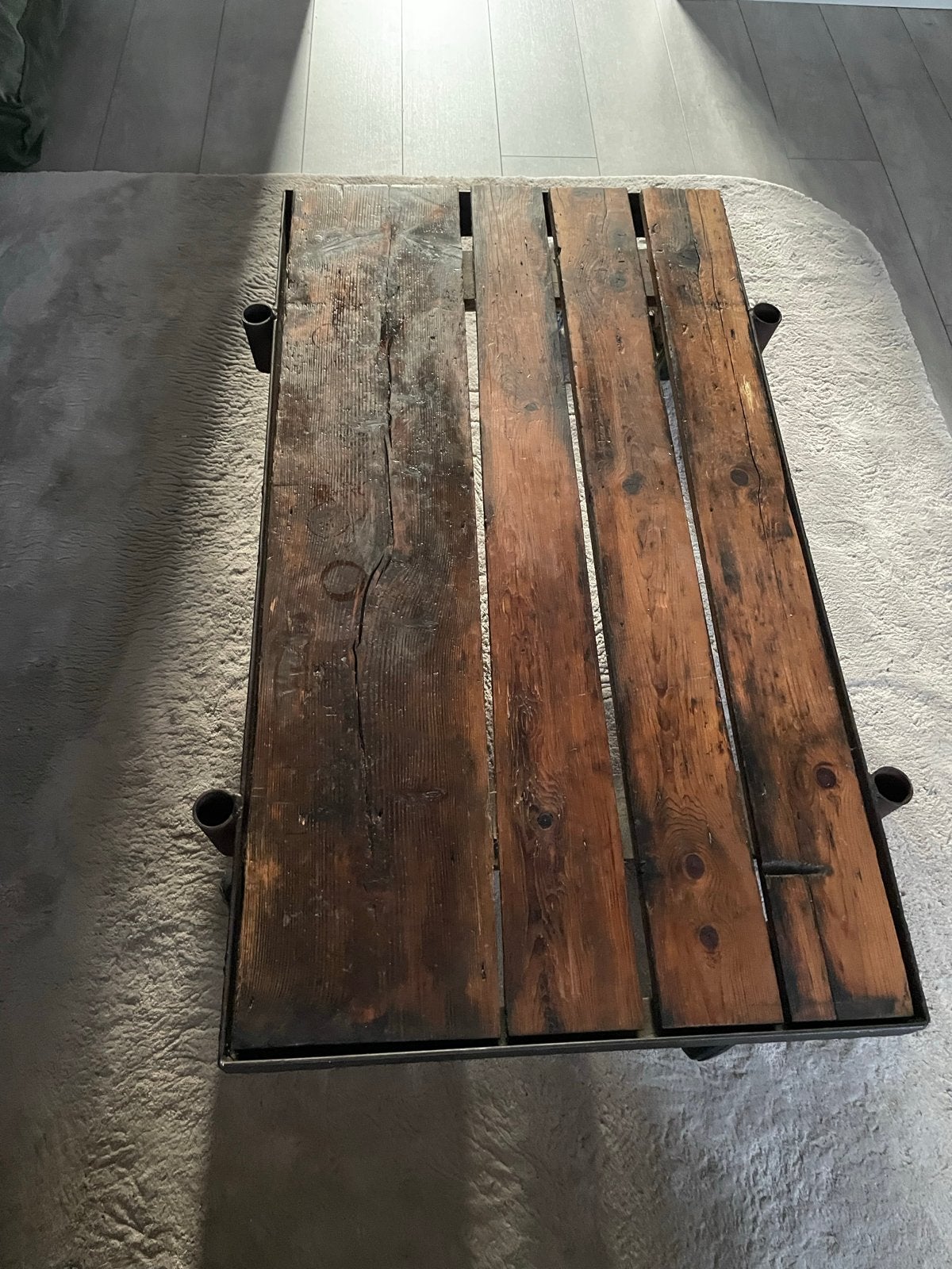 Vintage salontafel "Transportkar" - Industrieel design, Huis en Inrichting, Tafels | Salontafels, Ophalen, Gebruikt, Overige houtsoorten