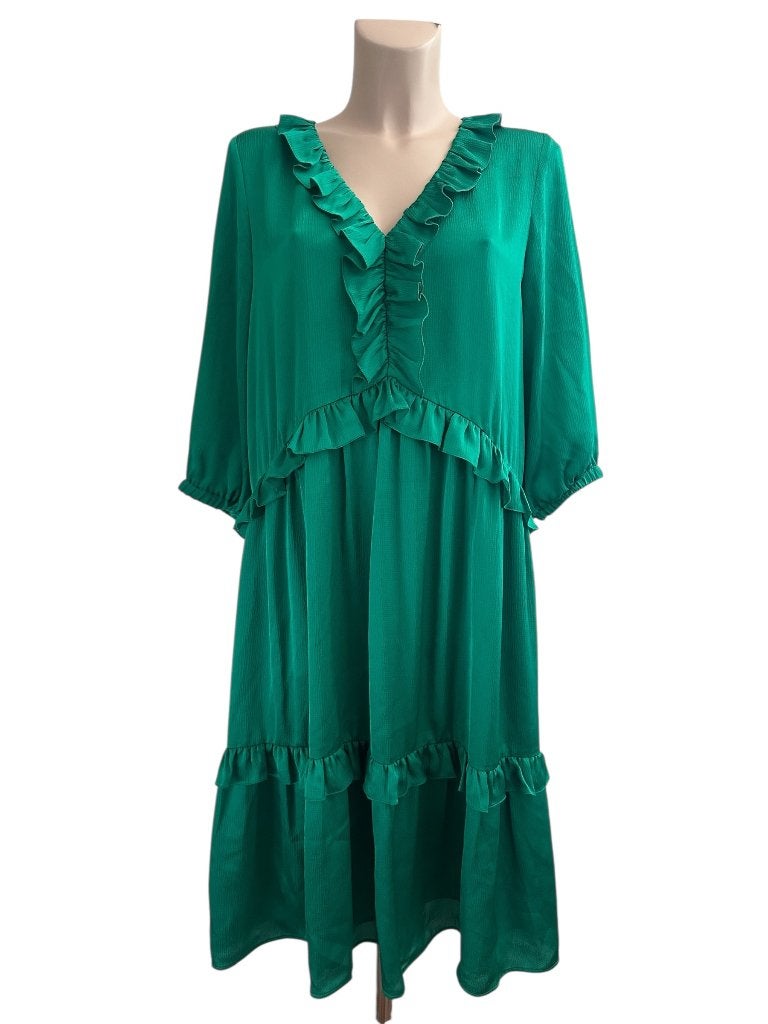 Madeleine jurk M, Kleding | Dames, Jurken, Zo goed als nieuw, Maat 38/40 (M), Groen, Onder de knie, Ophalen of Verzenden