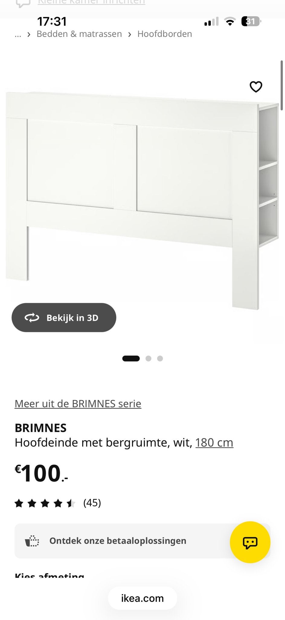 IKEA BRIMNES Hoofdeinde met opbergruimte, wit, 180 cm, Huis en Inrichting, Ophalen, Wit, Tweepersoons, Zo goed als nieuw