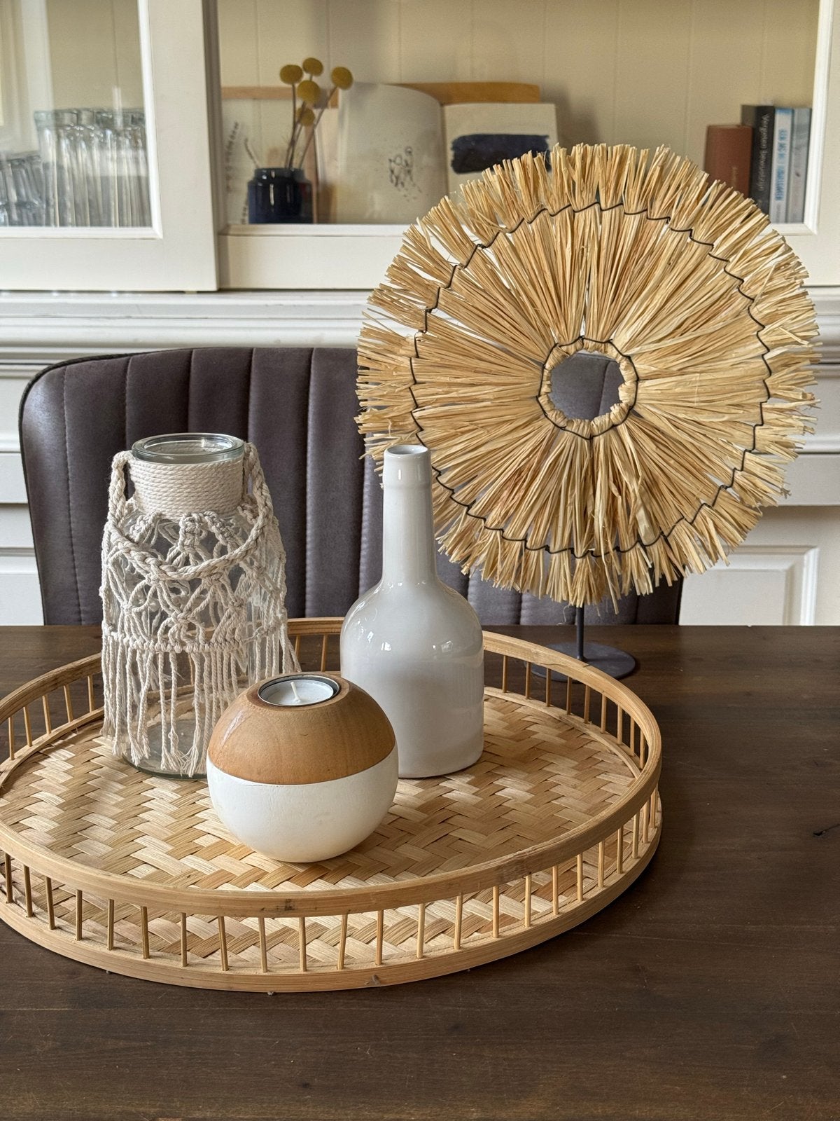 Bohemian decoratieset: dienblad, vaasjes, kaarsenhouder, Huis en Inrichting, Woonaccessoires | Overige, Ophalen, Gebruikt, Meerkleurig