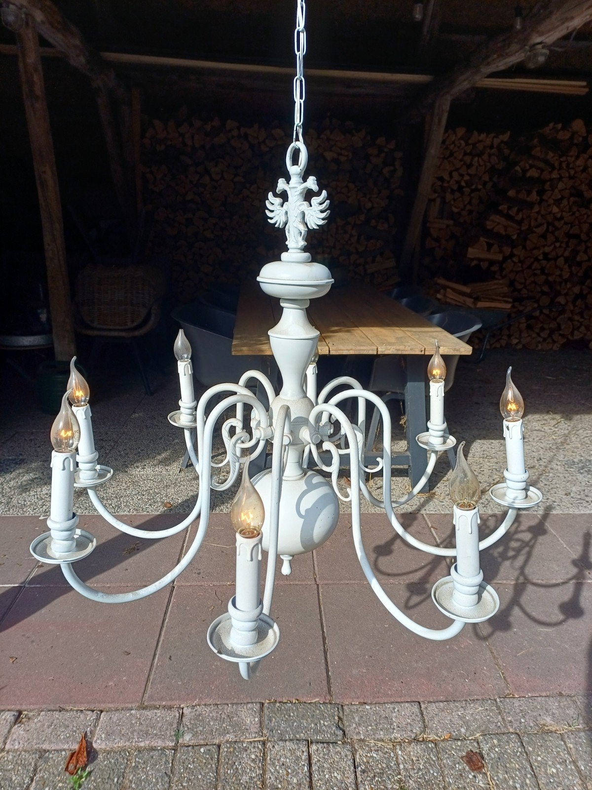 Witte kroonluchter met 8 armen. 80 cm, Ophalen, Gebruikt, E14 (klein), Metaal
