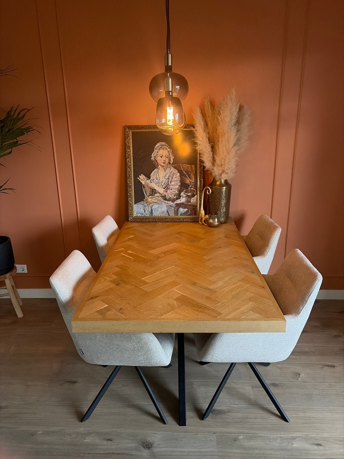 Eiken visgraat eettafel met spinpoot (90x160cm), Ophalen, Gebruikt, 50 tot 100 cm, Vier personen