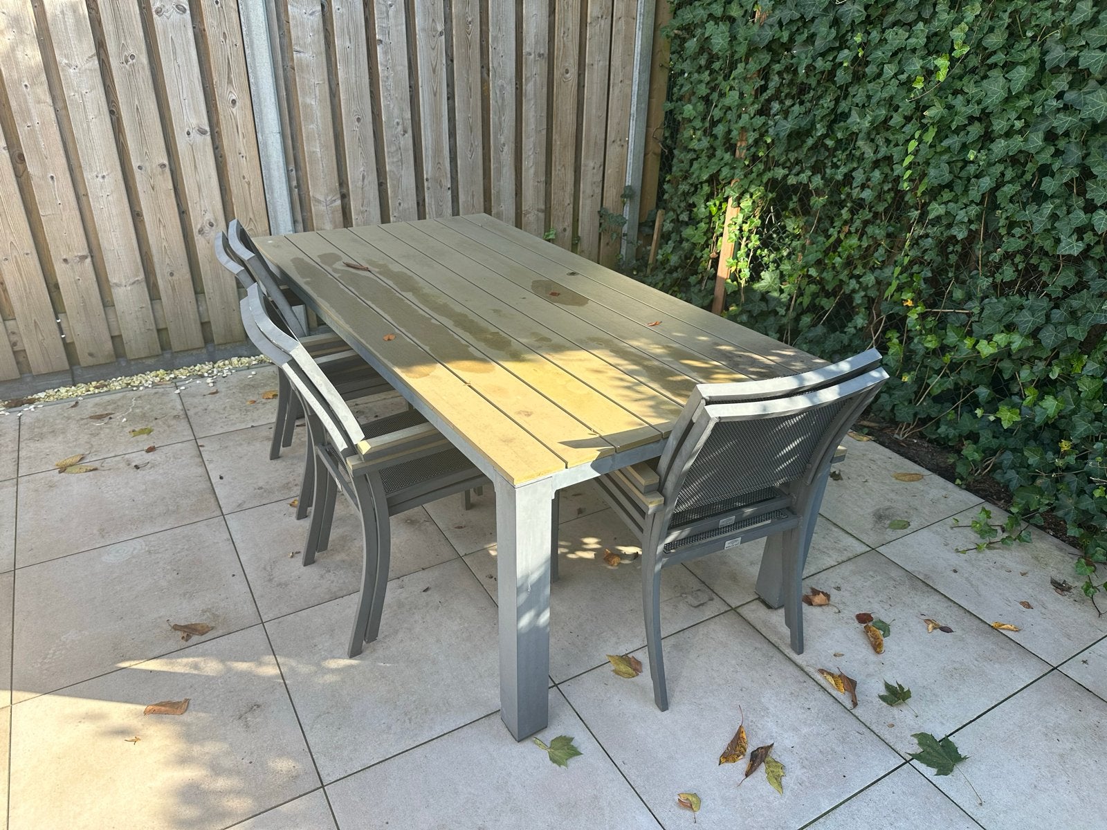 Tafel 200x100 cm met 6 stapelbare stoelen, Ophalen, Gebruikt, Rechthoekig, Kunststof