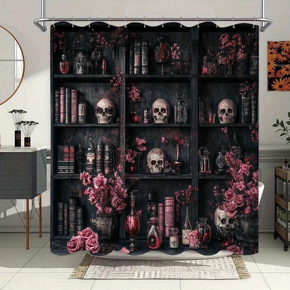 Douchegordijn Gothic boekenkast met schedels (180x200cm), Ophalen of Verzenden, Nieuw, Overige typen