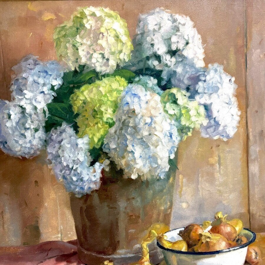 Leendert van Dijk (1939) Stilleven hortensias en uien, 1980, Antiek en Kunst, Doek, Stilleven, Ophalen of Verzenden, Olieverf