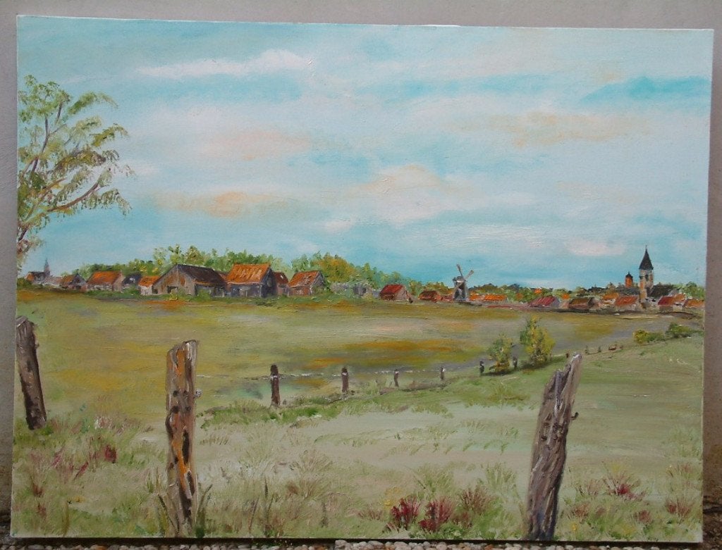 Domburg   vergezicht  60 x80 doek, Ophalen, Doek, Gesigneerd, Landschap