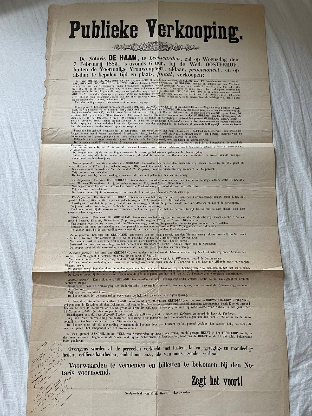 Publieke Verkoop Notaris de Haan Leeuwarden 1885, Ophalen of Verzenden, Voor 1920, Nederland, Krant
