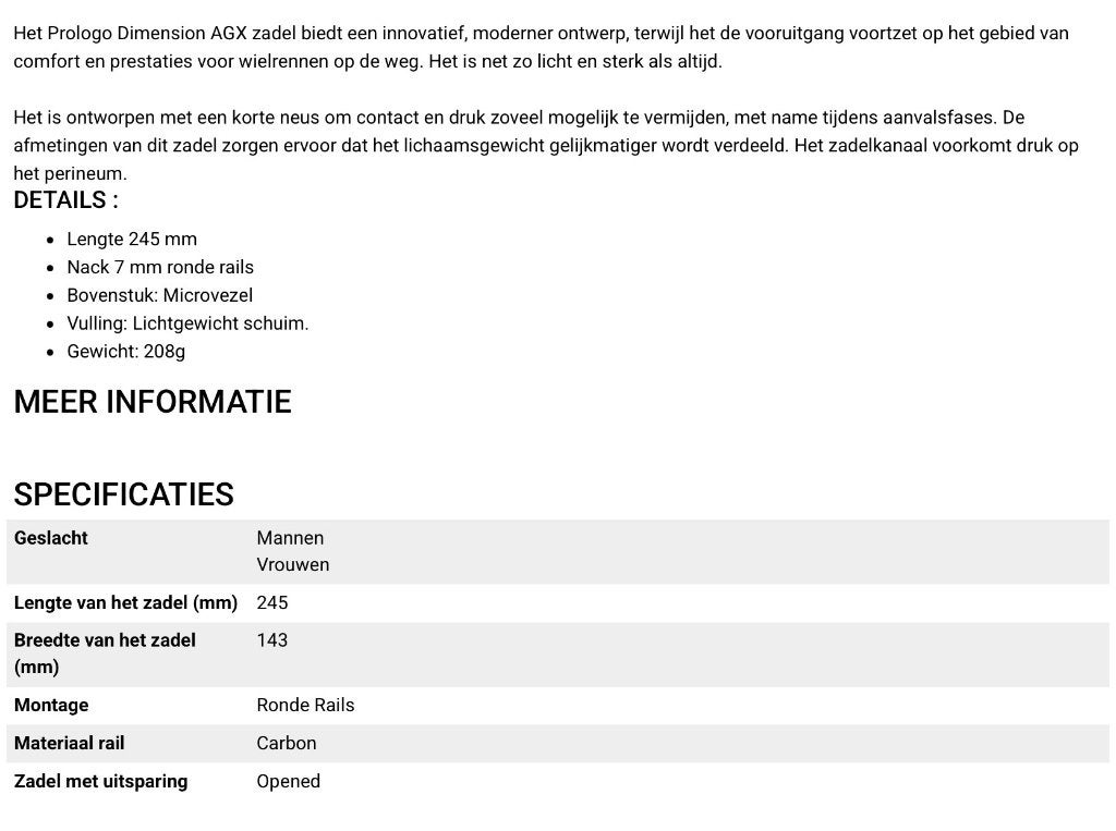 Proloog AGX zadel 143 mm met Carbon rails, Overige merken, Nieuw, Racefiets, Ophalen of Verzenden