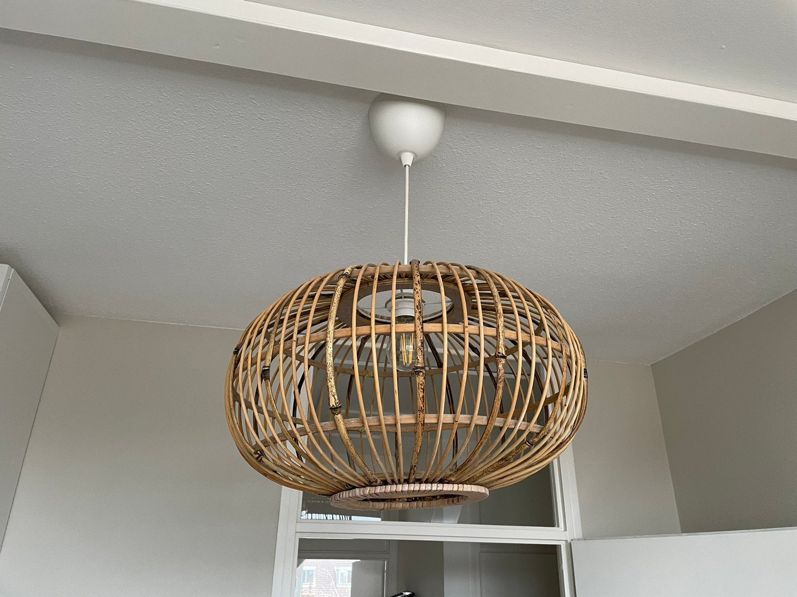 Rotan / bamboe lampenkap dia 42cm, Huis en Inrichting, Lampen | Hanglampen, Ophalen, Zo goed als nieuw, Hout