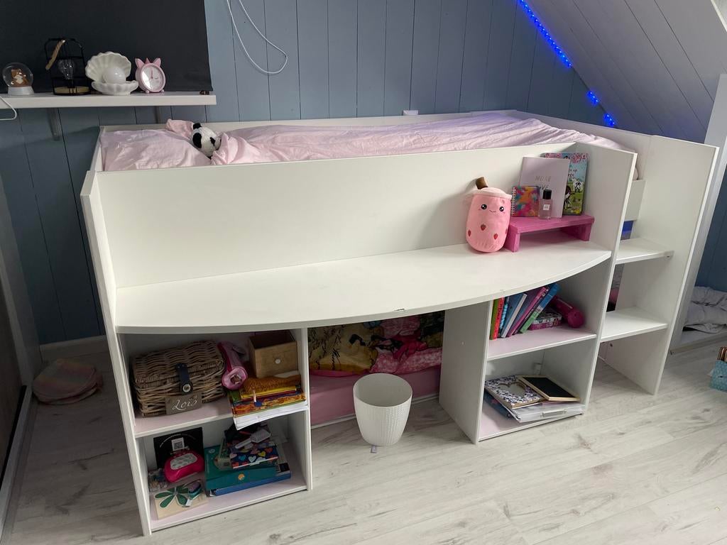 Witte halfhoogslaper met bureau en opbergruimte, Ophalen, Gebruikt, 90 cm, Eenpersoons
