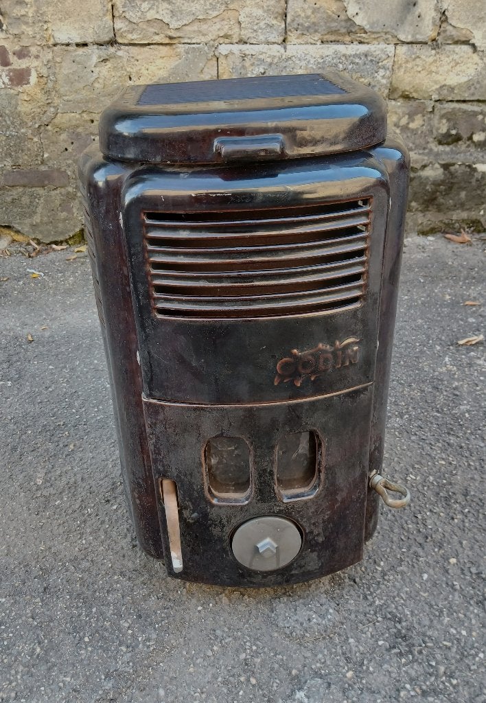 Bruin emaille frans Art Deco kacheltje van Godin uit 1937, Huis en Inrichting, Gebruikt, Houtkachel, Ophalen of Verzenden, Vrijstaand