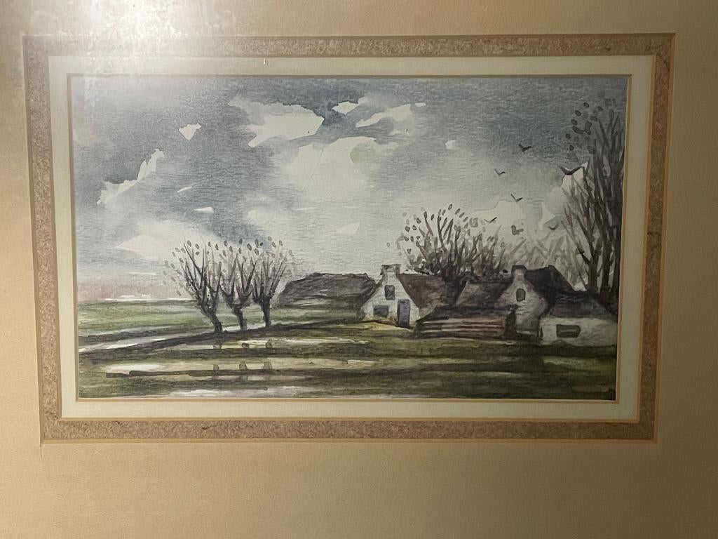 Dook Everse (1930-2005) Boerderij in landschap - Aquarel, Antiek en Kunst, Ophalen of Verzenden
