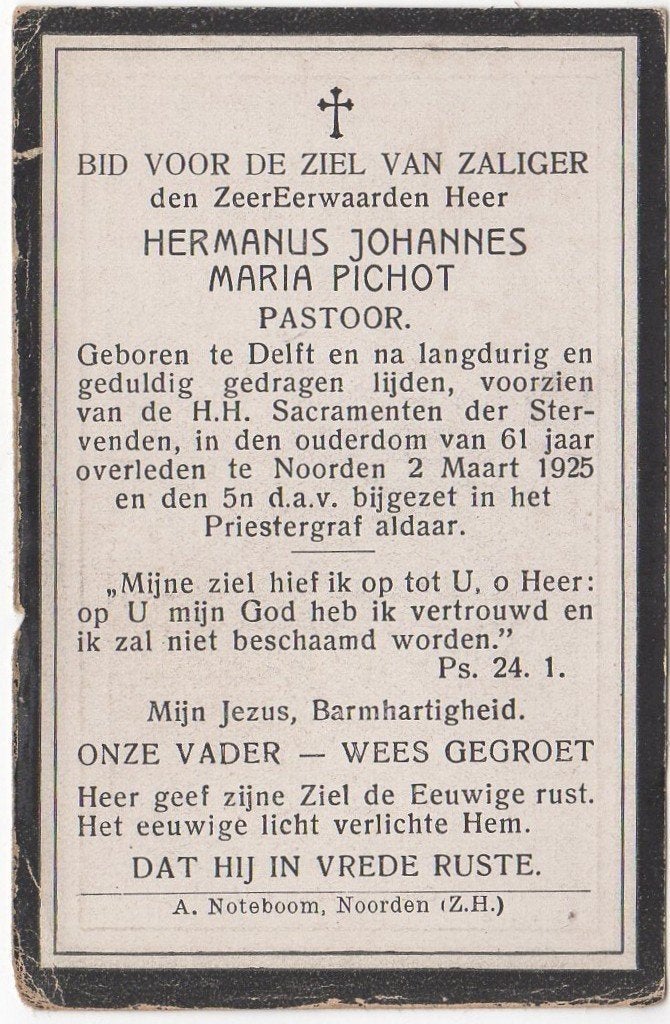 pastoor Hermanus Pichot 1863 Delft + 1925 Noorden, 61 jaar, Verzamelen, Bidprentjes en Rouwkaarten, Verzenden