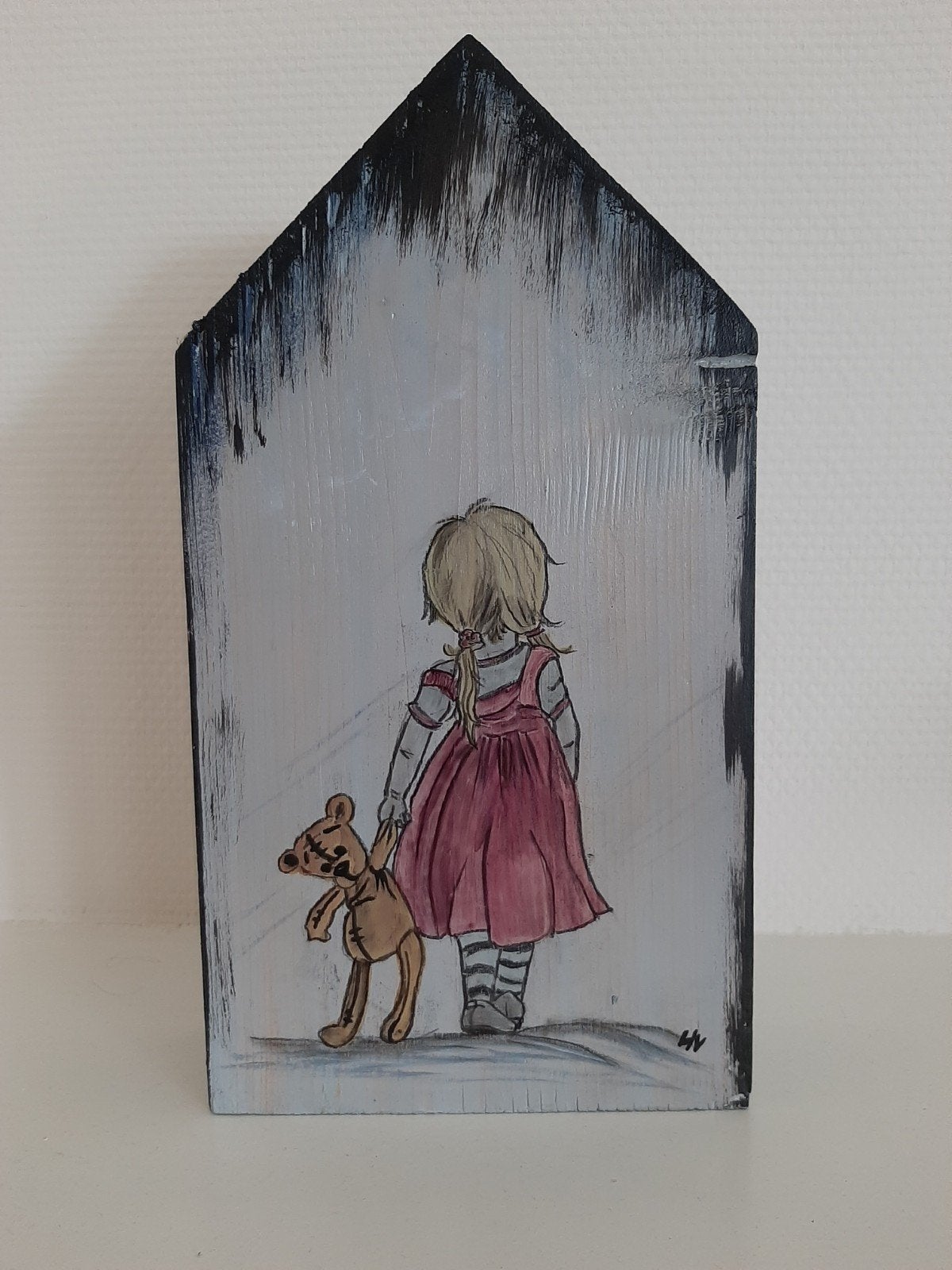 Schilderij  meisje op huisje, Ophalen of Verzenden