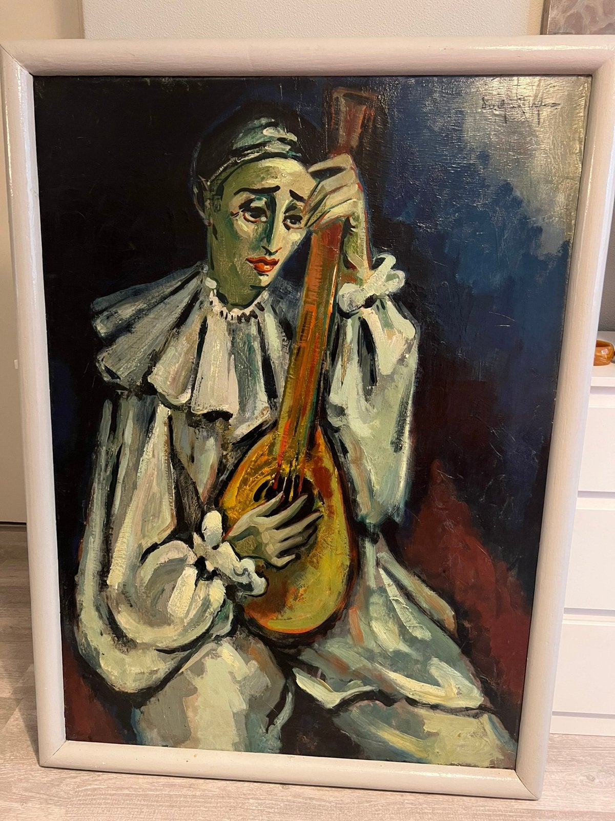 Freek van den Berg olieverf op doek Pierrot met Luit, Antiek en Kunst, Ophalen